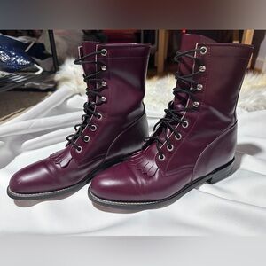 Vintage Justin J Diamond Boots Burgundy Oxblood Leather Kiltie Men 8B USA